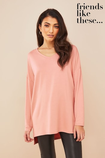 Womens Christmas Nightwear Pink Soft Jersey V Neck Long Sleeve Tunic Top (P81570) | £22
