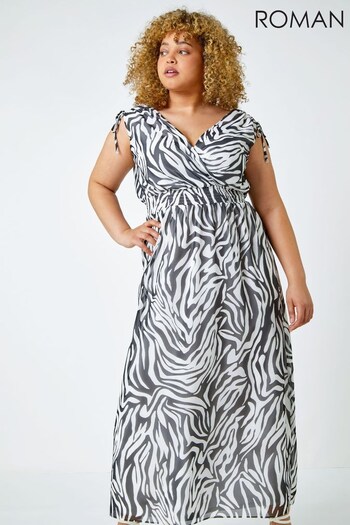 Roman Black & White Curve Animal Shirred Stretch Maxi Dress (P81599) | £55