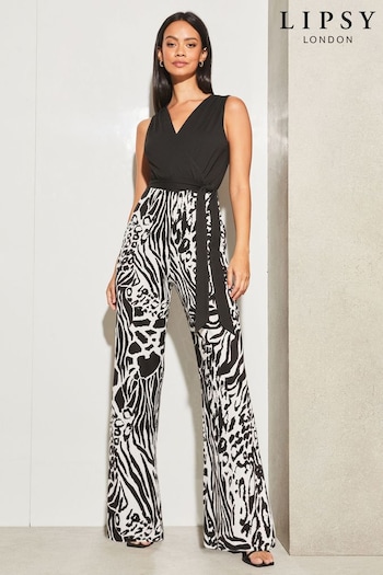 Lipsy Black/White Animal 2 in 1 Jersey Wrap Style Belted Jumpsuit (P81693) | £38