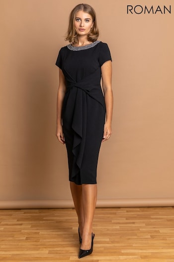 Roman Black Embellished Twist Waist Midi Dress (P81810) | £60