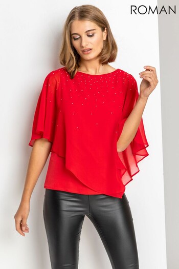 Roman Red Embellished Chiffon Overlay Top (P81898) | £35