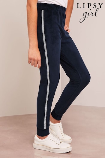 Lipsy Navy Blue Embellished Super Soft Cuffed Velour Joggers (P82054) | £22 - £30