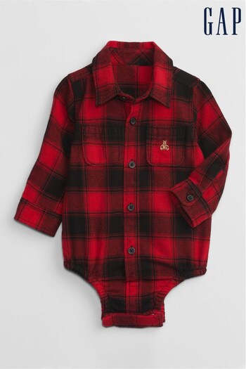 Gap Red & Black Brannan Bear Pocket Long Sleeve Flannel Shirt Baby Bodysuit (P82171) | £18