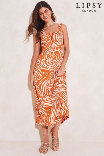 Lipsy Orange Zebra Petite Jersey Strappy Square Neck Midi Dress (P82202) | £39
