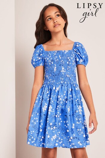 Lipsy Blue Floral Shirred Bodice Short Sleeve Dress (P82225) | £24 - £32