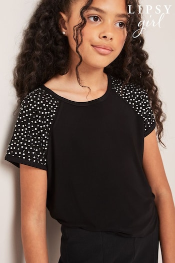Lipsy Black Diamonte Sleeve T-Shirt (P82296) | £19 - £27
