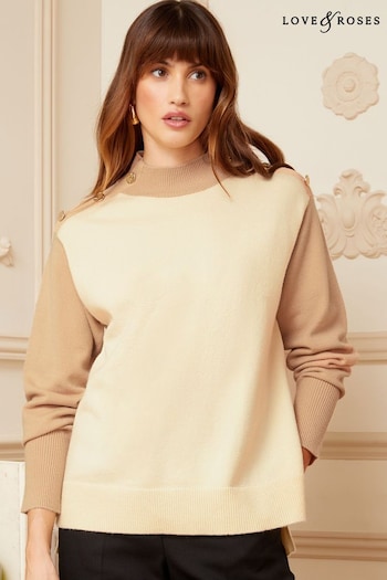 Love & Roses Brown High Neck Colour Block Button Shoulder Knitted Jumper (P82357) | £42