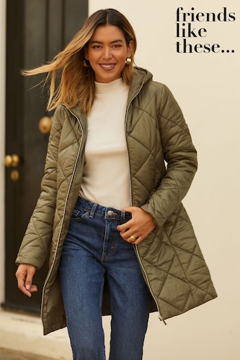 Gifts Under £30 Khaki Green Longline Hooded Quilted Padded Coat (P82554) | £59