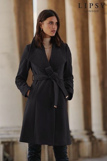 Lipsy Black Dropped Collar Belted Wrap Trench Coat (P82620) | £92