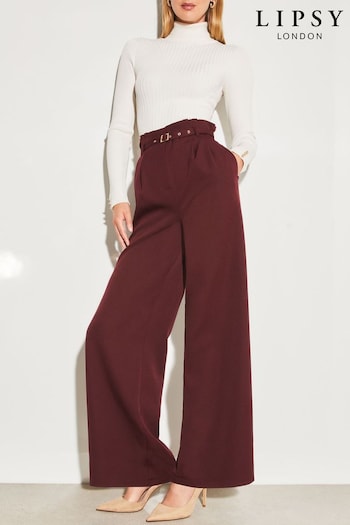 Lipsy Wild Berry Red Petite Paperbag Wide Leg Belted Tailored Speak Trousers (P82665) | £45