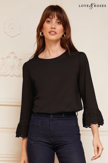 Love & Roses Black 3/4 Broderie Flute Sleeve Round Neck Jersey Top (P82677) | £28