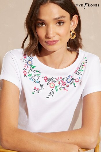 Love & Roses White Embroidered Roll Sleeve Round Neck T-Shirt (P82704) | £26