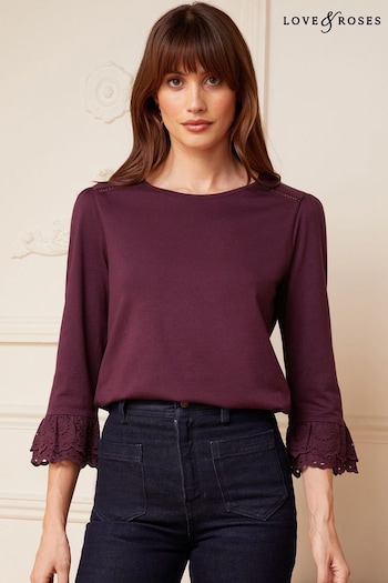 Love & Roses Purple 3/4 Broderie Flute Sleeve Round Neck Jersey Top (P82706) | £28
