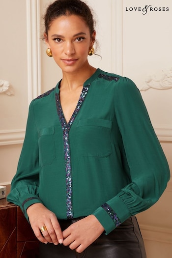 Love & Roses Green Sequin V Neck Long Sleeve Blouse (P82712) | £38