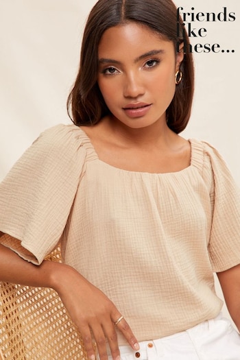 Friends Like These Camel Flutter Sleeve Square Neck Textured Blouse (P82733) | £29