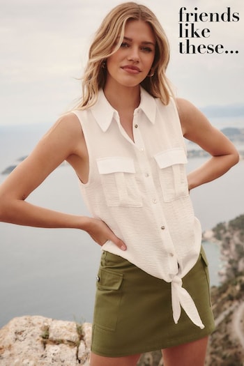 Long Sleeve Tops White Sleeveless Utility Button Through Shirt (P82745) | £28