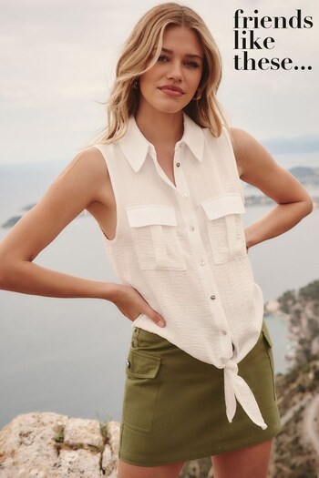Long Sleeve Tops White Petite Sleeveless Utility Button Through Shirt (P82983) | £28