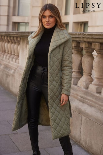 Lipsy Khaki Green Quilted Belted Wrap Padded Coat (P84013) | £79