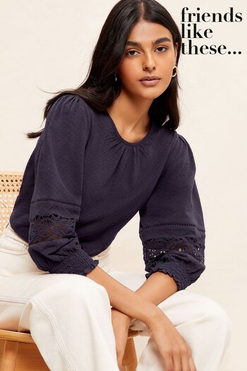 Friends Like These Navy Blue Jacquard Round Neck Cutwork 3/4 Puff Sleeve Blouse (P84575) | £33