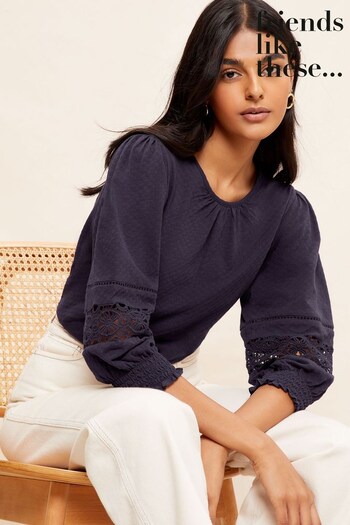 Friends Like These Navy Blue Petite Jacquard Round Neck Cutwork 3/4 Puff Sleeve Blouse (P84576) | £35