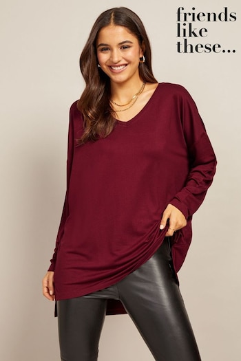 Jackets & Coats Berry Red Soft Jersey V Neck Long Sleeve Tunic Top (P84588) | £22