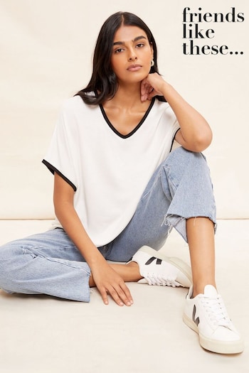 tee shirt manches longues a rayures de la marque agnes b homme taille White/Black Tipped Short Sleeve V Neck Tunic Top (P84600) | £24