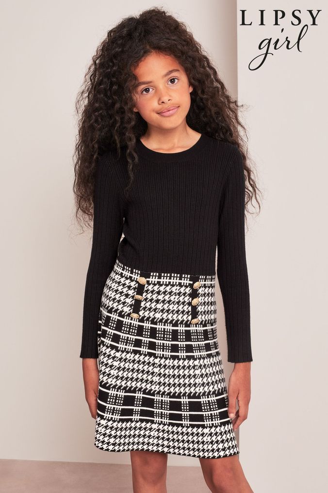 Lipsy 2 in 1 dress with checked skirt in mono 2025