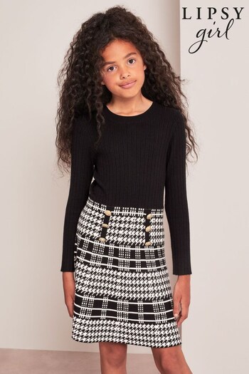 Lipsy Black Check 2in1 Long Sleeve Knitted Embroidery Dress (P84747) | £38 - £46