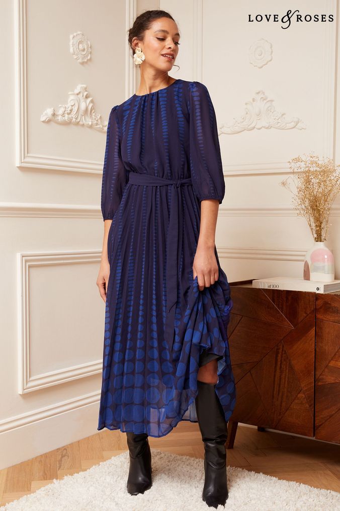 Love & Roses Navy Blue Polka Dot 3/4 Sleeve Printed Pleated Belted Midi Dress (P84756) | £72