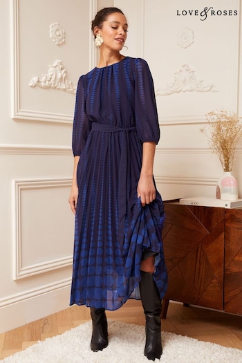 Gifts £50 - £100 Navy Blue Polka Dot 3/4 Sleeve Printed Pleated Belted Midi Dress (P84756) | £72