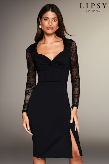 Lipsy Black Knotted Sweetheart Neck Lace Long Sleeve Corset Dress (P84815) | £72