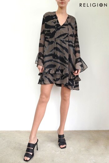 Religion Zebra Print A Line Ashley Tunic Dress With Frill Hem In Abstract Cloud Print (P84916) | £85