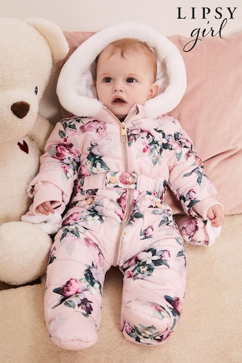 Lipsy Pink Floral Fleece Lined Baby Snowsuit (P85313) | £48 - £50