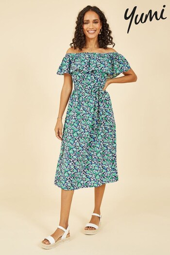 Yumi Blue Ditsy Floral Bardot Midi Dress (P86186) | £45