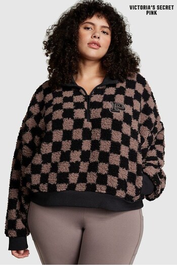 Victoria's Secret PINK Iced Coffee Brown Checker Sherpa Half Zip Sweatshirt (P86622) | £50