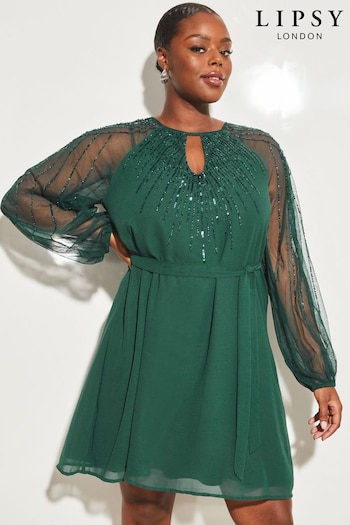 Lipsy Green Curve Hand Embellished Sequin Long Sleeve Seyhole Mini Shift Dress (P86839) | £78