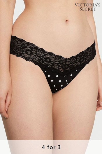 Victoria's Secret Black Medium Dot Black Dot Posey Printed Thong Lace Waist Thong Knickers (P87068) | £9