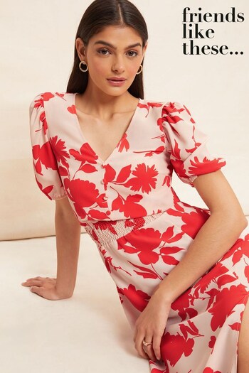 Friends Like These Pink Floral Puff Sleeve Ruched Waist V Neck Midi Summer Dress (P87137) | £36