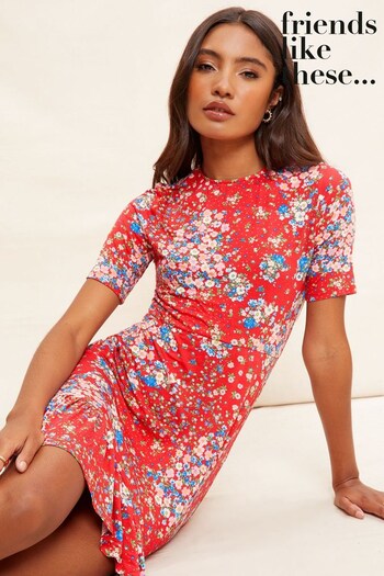 Jumpers & Knitwear Red Floral Print Short Sleeve Ruffle Hem Jersey Mini Dress (P87139) | £29