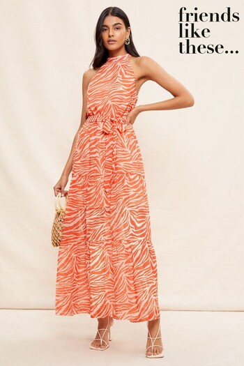 Short Sleeved Sets Orange Animal Printed Halter Neck Tiered Belted Maxi Dress (P87141) | £48