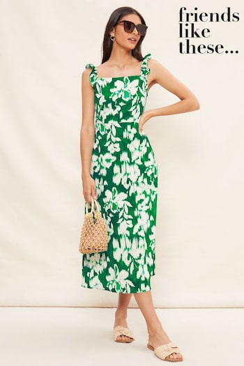 Friends Like These Green Square Neck Ruffle Cami Strap Midi Dress (P87145) | £39