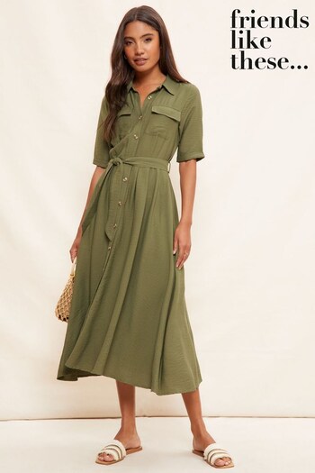 Sets & Outfits Khaki Green Utility Midi Button Through Short Sleeve Shirt Dress (P87150) | £45
