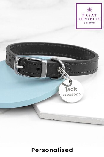 Personalised Classic Black Leather Dog Collar with Tag  by Treat Republic (P87388) | £32