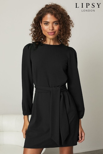 Lipsy Black Petite Long Sleeve Round Neck Tie Waist Shift Dress (P87389) | £39
