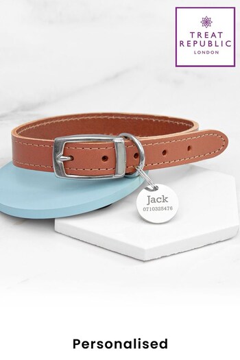 Personalised Classic Brown Leather Dog Collar with Tag by Treat Republic (P87391) | £32