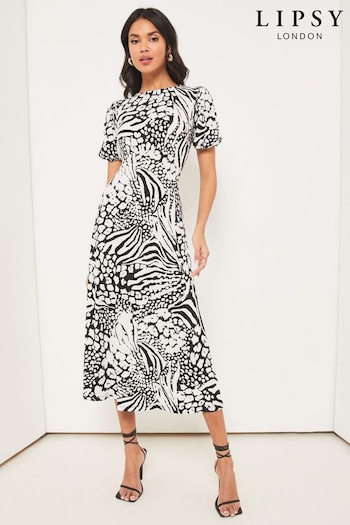 Lipsy Mono Animal Jersey Puff Short Sleeve Underbust Summer Midi Dress (P87886) | £46