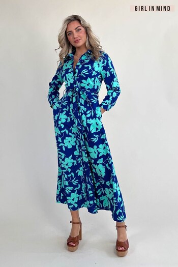 Girl In Mind Blue Green Floral Petite Brielle Long Sleeve Shirt Midi jean Dress (P88605) | £45