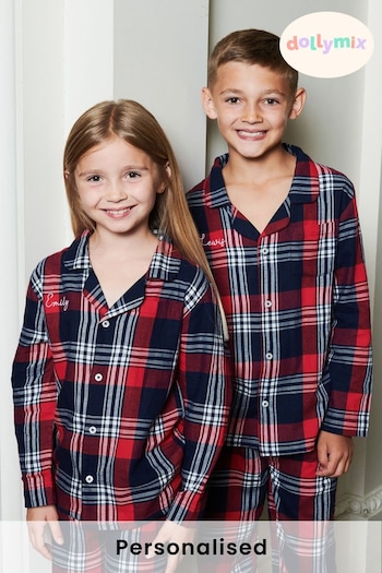 Personalised Red Tartan Kids Pyjama Set by Dollymix (P88695) | £30