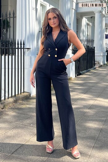 Girl In Mind Black Petite Lexi Tailored Collared Button Detail Jumpsuit (P88753) | £48