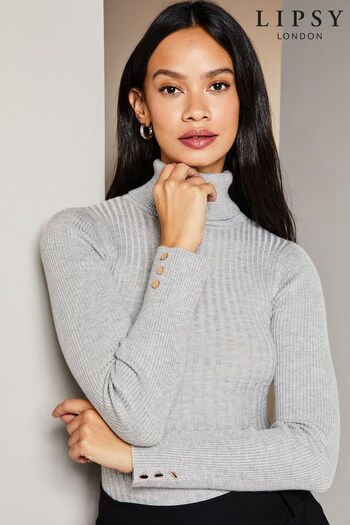 Lipsy Grey Knitted Roll Neck Ribbed Button Detail Long Sleeve Jumper (P88862) | £28